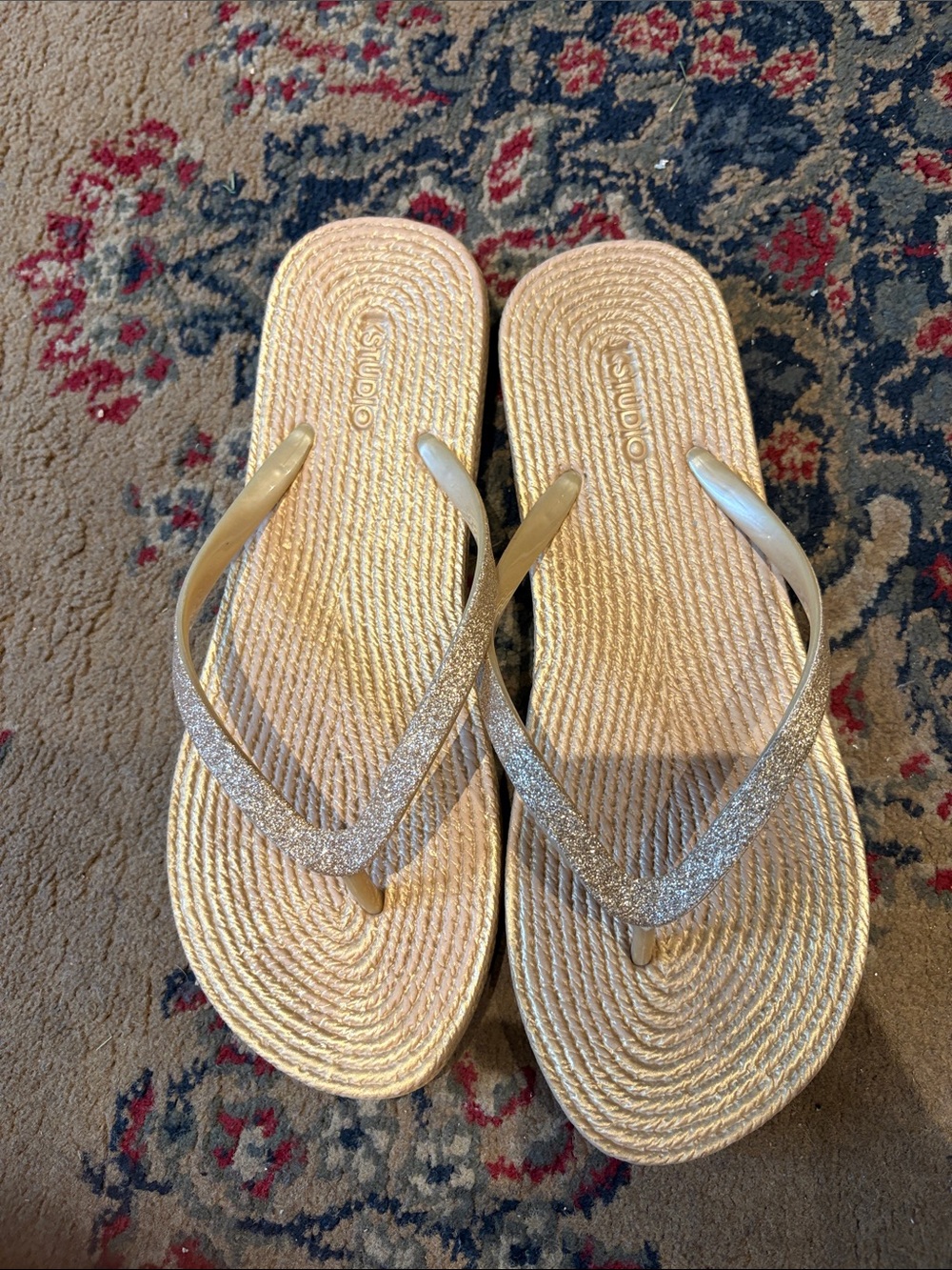 Studio Gold Glitter Strap Woven Flip-Flop Sandals